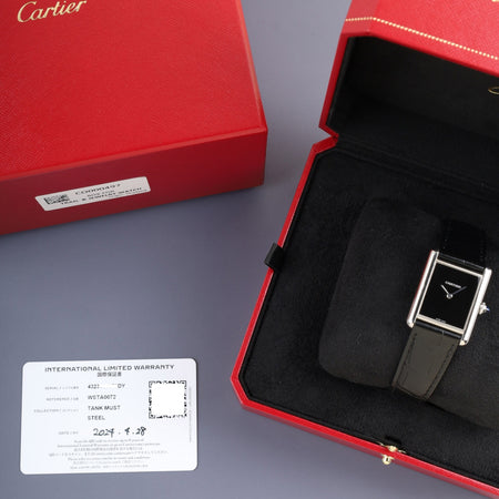 カルティエ タンクマスト LM WSTA0072 / 4323 クォーツ Cal.- SS 純正革ベルト 純正ピンバックル（SS）ブラック文字盤（SWISS MADE表記） 箱 保証書（2024年）