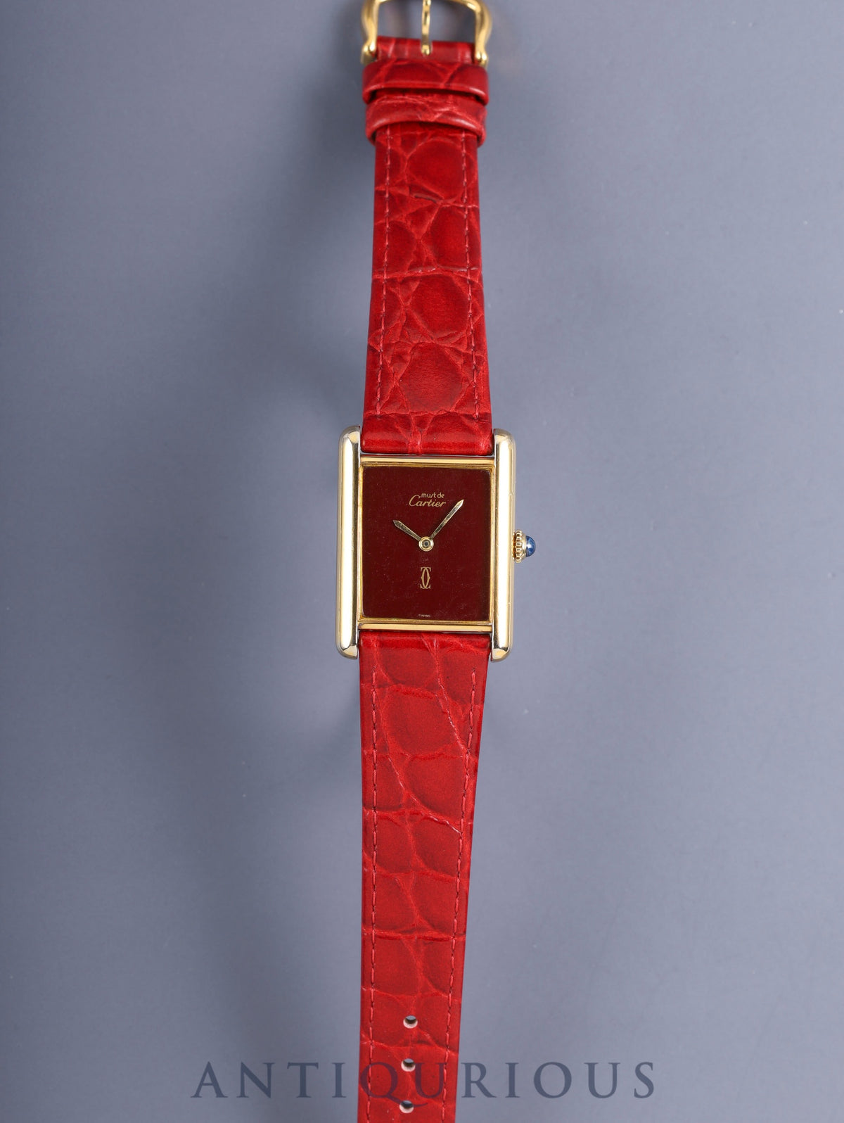 Cartier Must Tank LM, manual winding, Cal. 78-1, SV925, leather strap, original pin buckle (GP), garnet dial, Bordeaux dial (SWISS marking), recently overhauled.