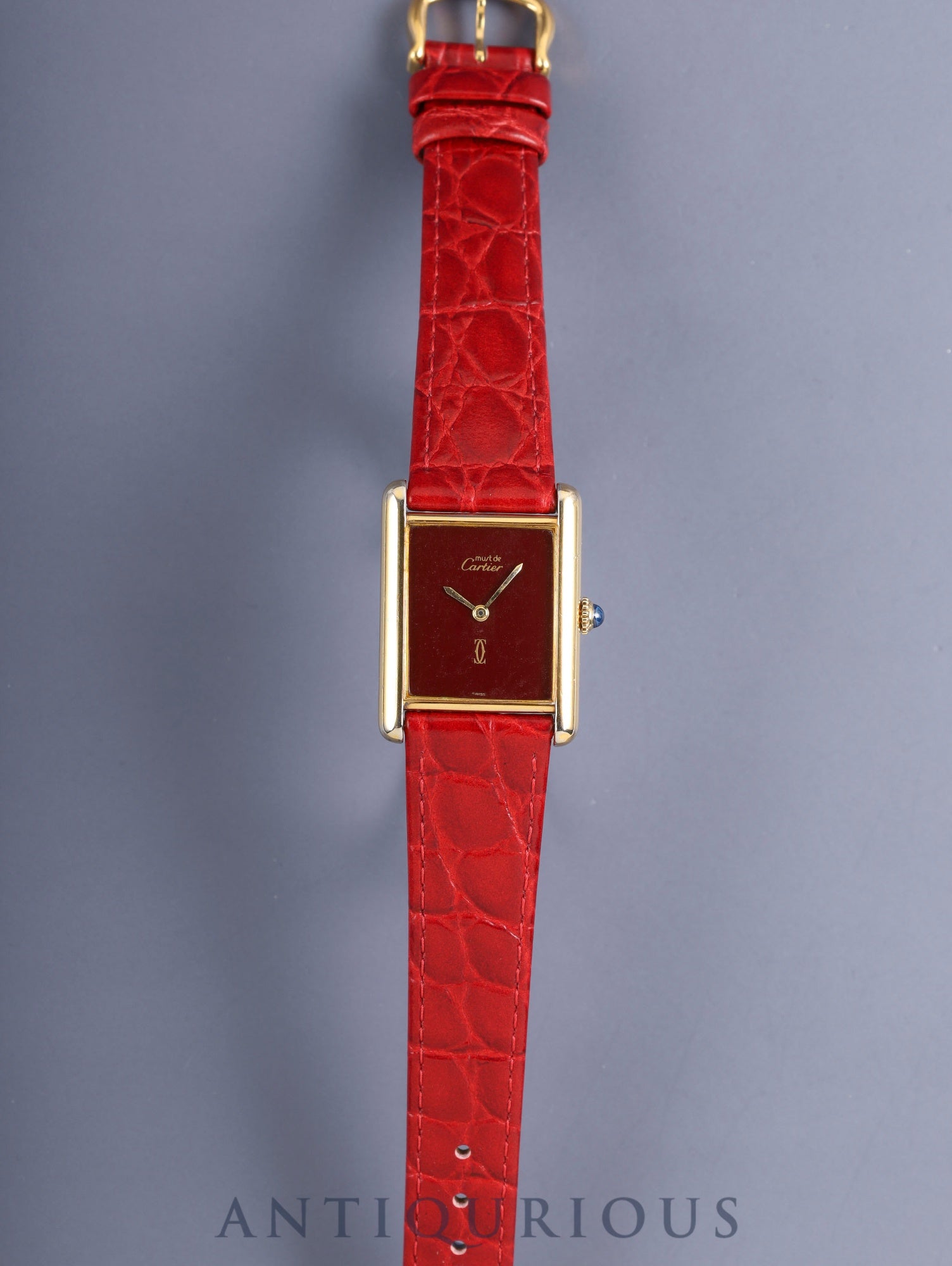 Cartier Must Tank LM, manual winding, Cal. 78-1, SV925, leather strap, original pin buckle (GP), garnet dial, Bordeaux dial (SWISS marking), recently overhauled.