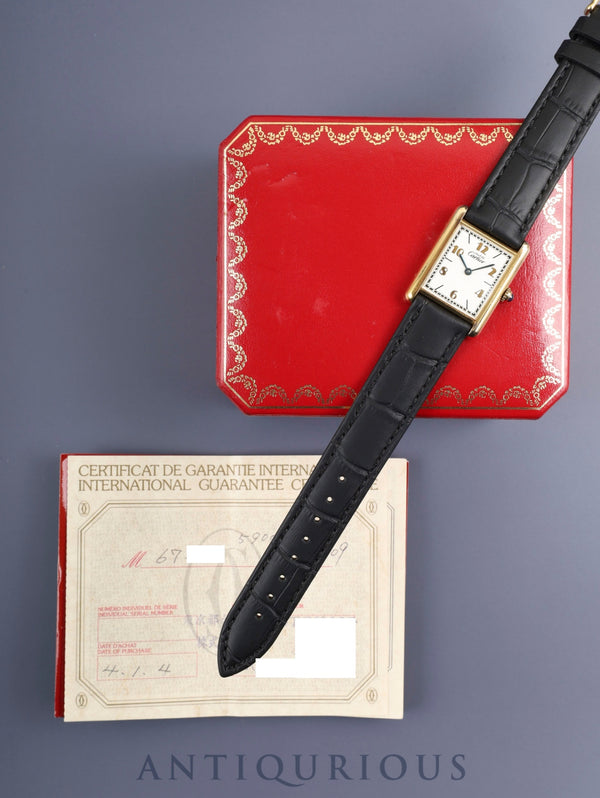 Cartier Must Tank LM 590005 Quartz Caliber 90 SV925 Leather Strap with Genuine GP Buckle, Arabic CC Dial (SWISS Notation), Box, Booklet, Warranty Card (1992/H4) Overhauled