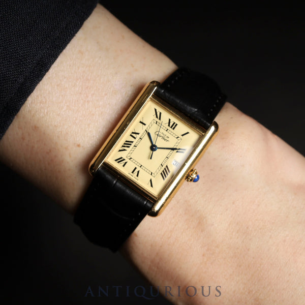 Cartier Must Tank GM (XL) W1017454 / 2413 Quartz Caliber 687 SV925 Leather Strap with Genuine GP Buckle Ivory Roman Dial Box Booklet Temporary Warranty (2002) Overhauled