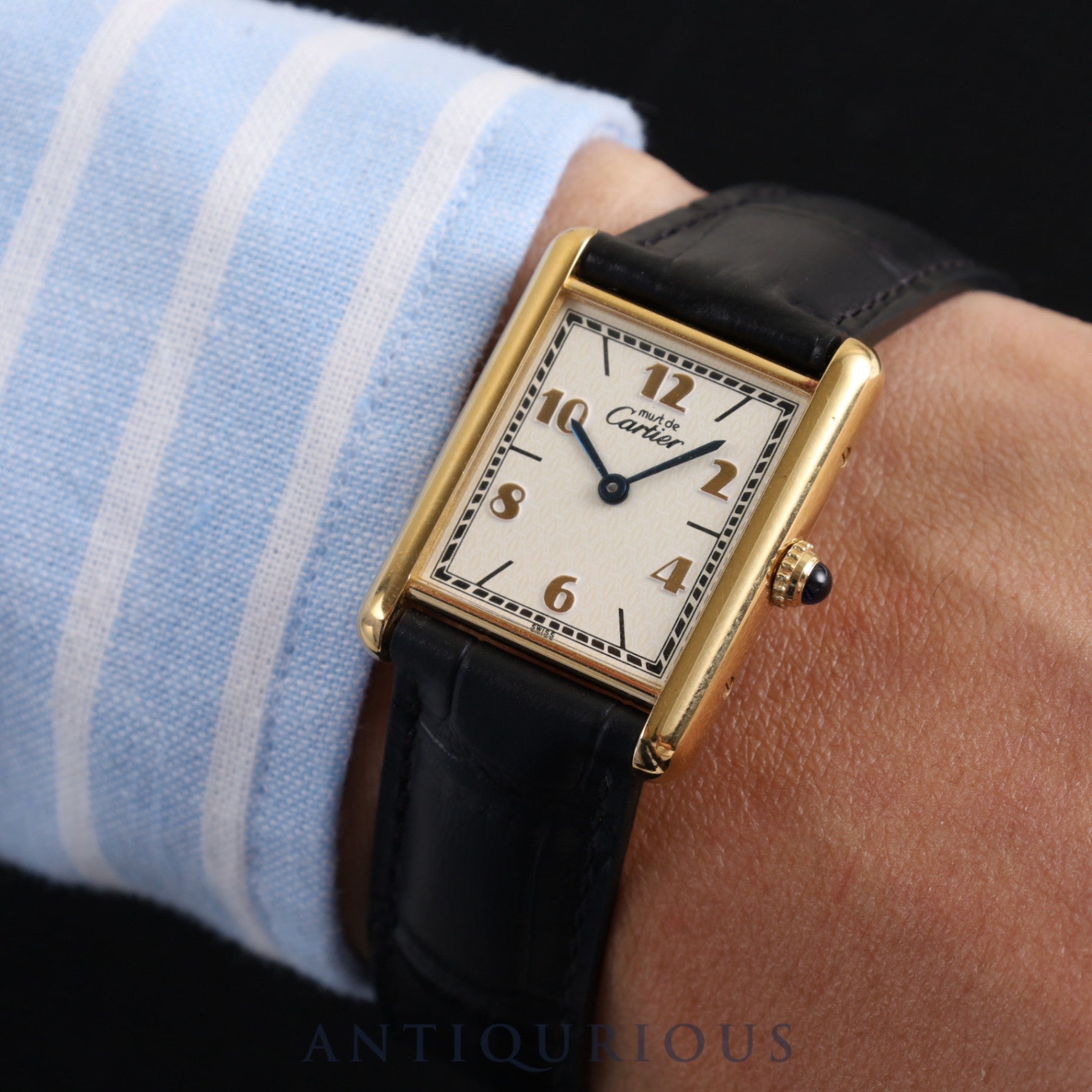 Cartier Must Tank LM 590005 Quartz Cal.90 SV925 Leather Genuine D Buckle (GP) Arabic CC Dial Box Overhauled