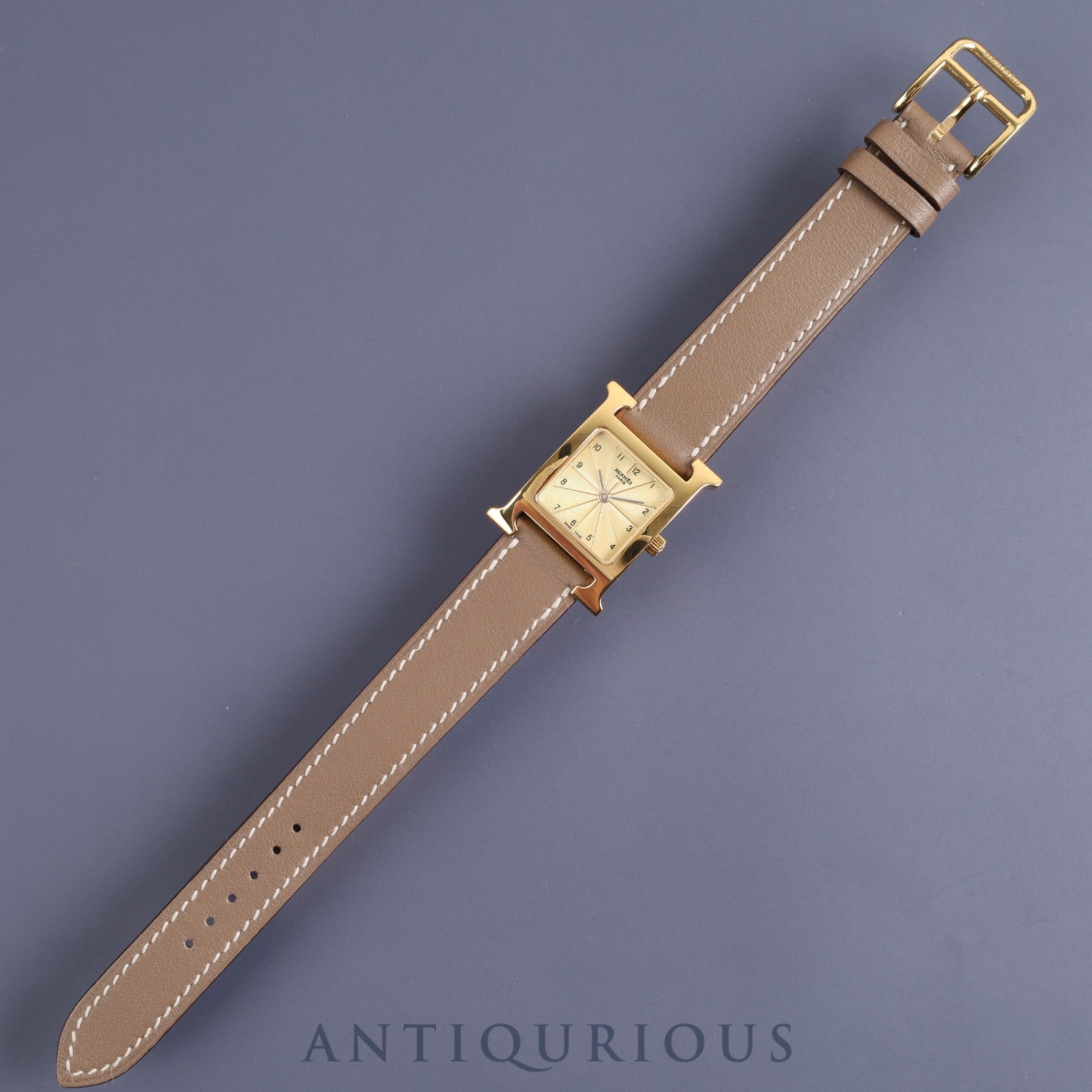 Hermes H Watch HH1.201 Quartz GP Genuine Leather Strap Gold Dial Box Warranty (2004) Overhauled