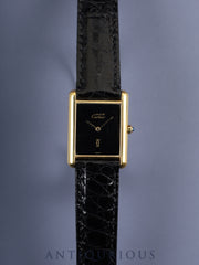 Cartier Must Tank LM 681006 Quartz Caliber 81 SV925 Leather Strap with Genuine GP Buckle, Onyx Dial, Overhauled and Polished to Look Like New