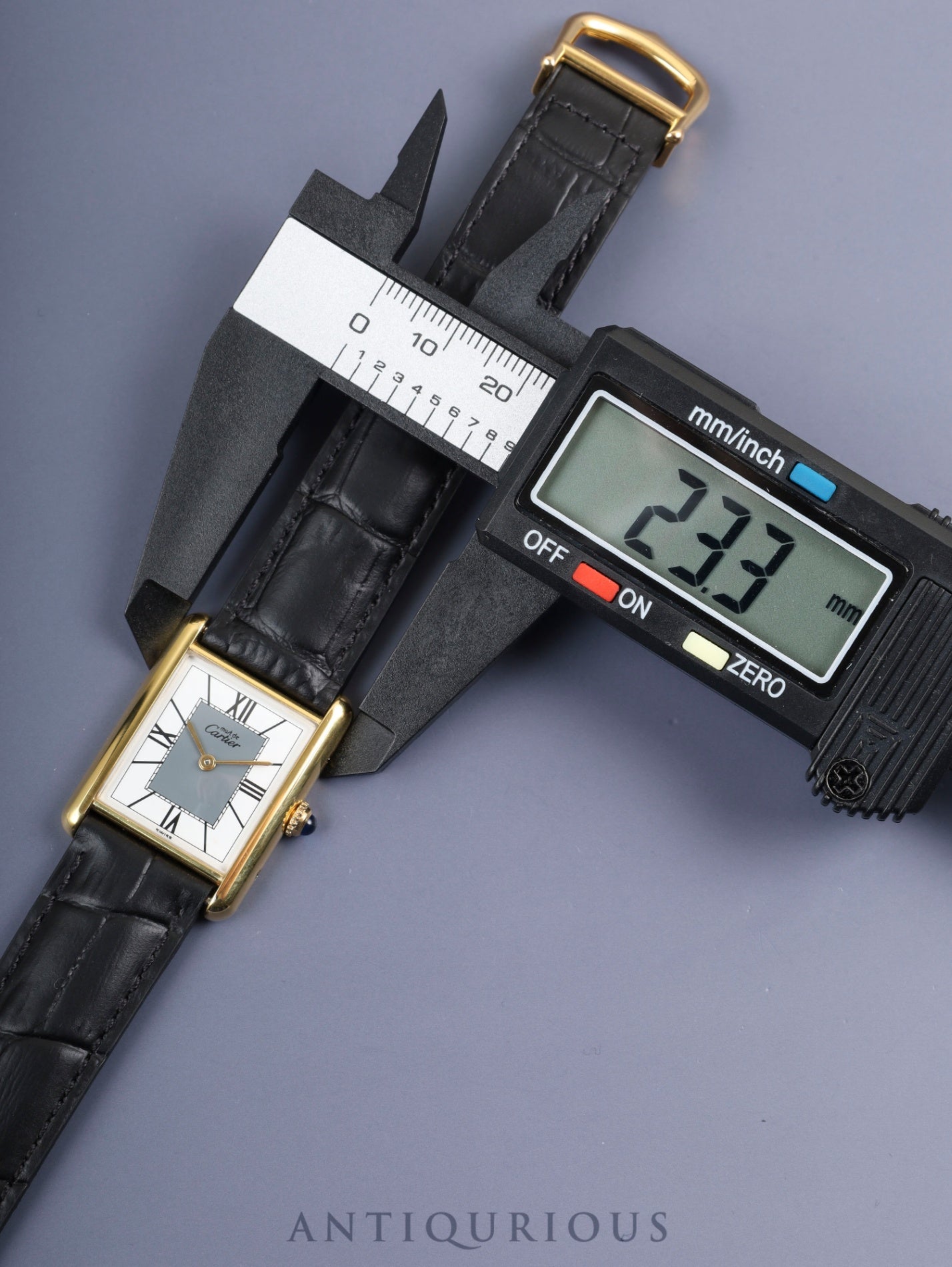 Cartier Must Tank LM 590005 Quartz Caliber 90 SV925 Leather Strap with Genuine D-buckle (GP) Gray Roman Dial with Center Drop, Overhauled and Finished to Look Like New