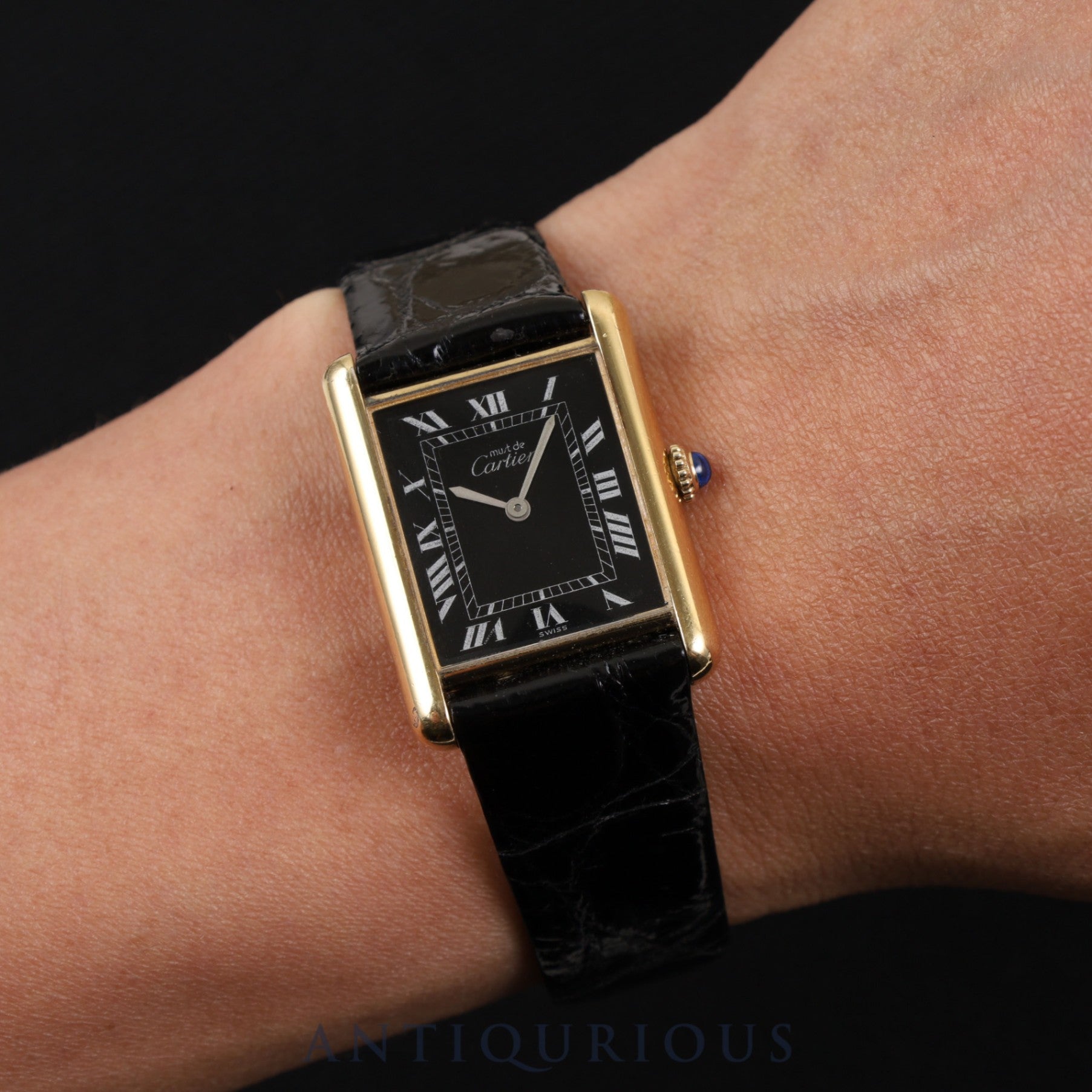 CARTIER MUST TANK LM 19749 o/w Hand-wound Cal.78-1 SV925 Leather Genuine buckle (GP) Black Roman dial Box Warranty (1980)