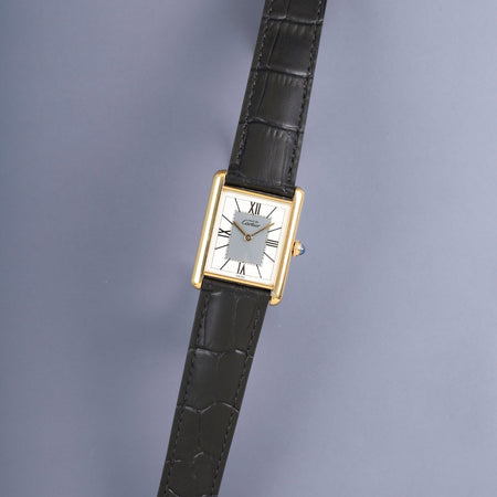 カルティエ マストタンク LM 590005 クォーツ Cal.90 SV925 革 純正Dバックル（GP）センターグレー飛びローマン文字盤（SWISS表記）オーバーホール済み