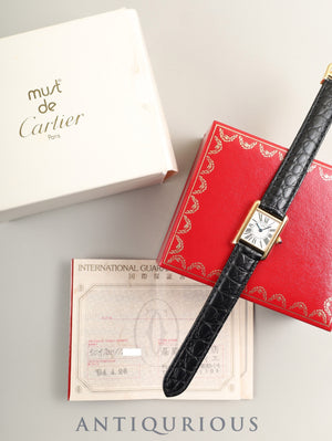 Cartier Must Tank SM 5057001 Quartz Caliber 057 SV925 Leather Genuine D-buckle (GP) Opalescent Dial (SWISS markings) Circa 1982-1995 Box Warranty (1994) Completely serviced and overhauled at a Cartier boutique