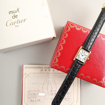 カルティエ マストタンク SM 5057001 クォーツ Cal.057 SV925 革 純正Dバックル（GP） オパラン文字盤（SWISS表記）1982年頃～1995年頃 箱 保証書（1994年） カルティエブティックにてコンプリートサービス済み オーバーホール済み