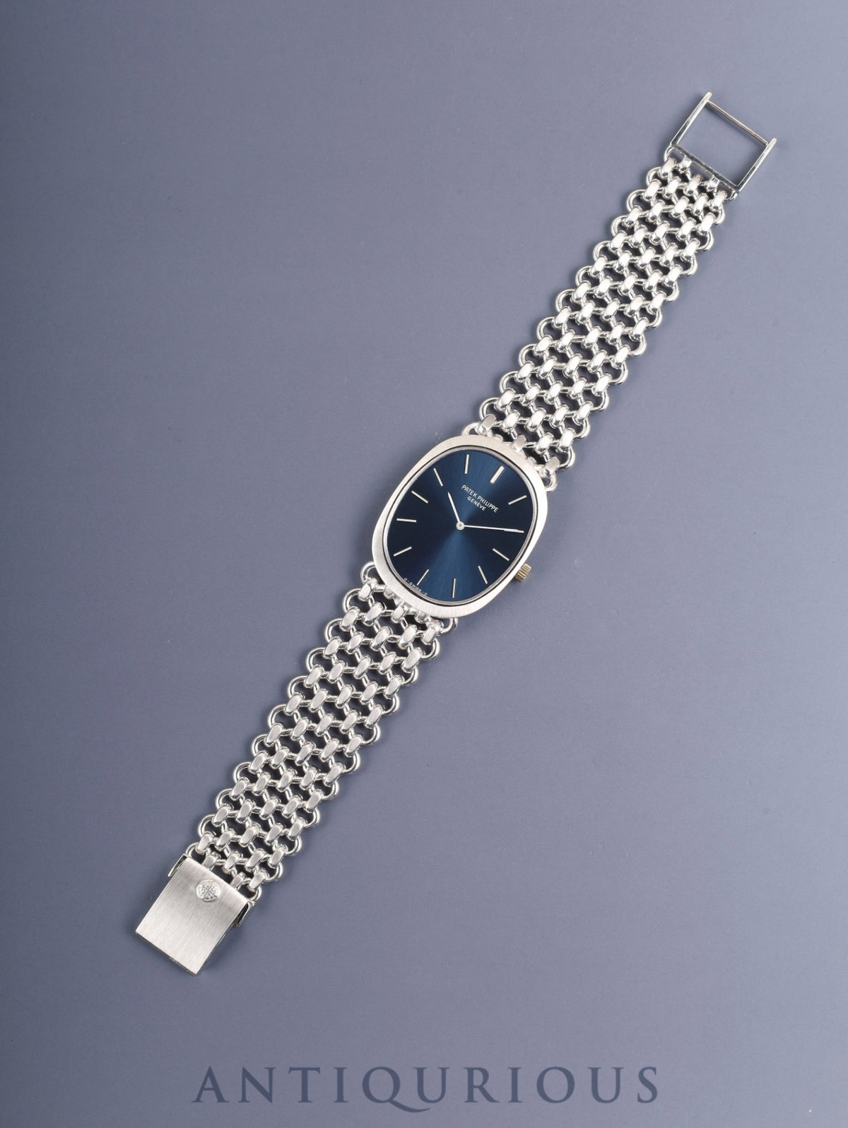 パテック・フィリップ ゴールデンエリプス 3577/1 手巻き Cal.175 750WG 750WG ブルー文字盤（σ・SWISS・σ表記）保証書ケース 冊子 保証書（1976年） 修理保証書（1988年） 原産地証明書兼保証書 オーバーホール済み