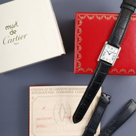 カルティエ マストタンク LM 690006 クォーツ Cal.90 SV925 革 純正ピンバックル（SS）ホワイトローマン文字盤（SWISS表記）箱 冊子 保証書（無記載）オーバーホール済み