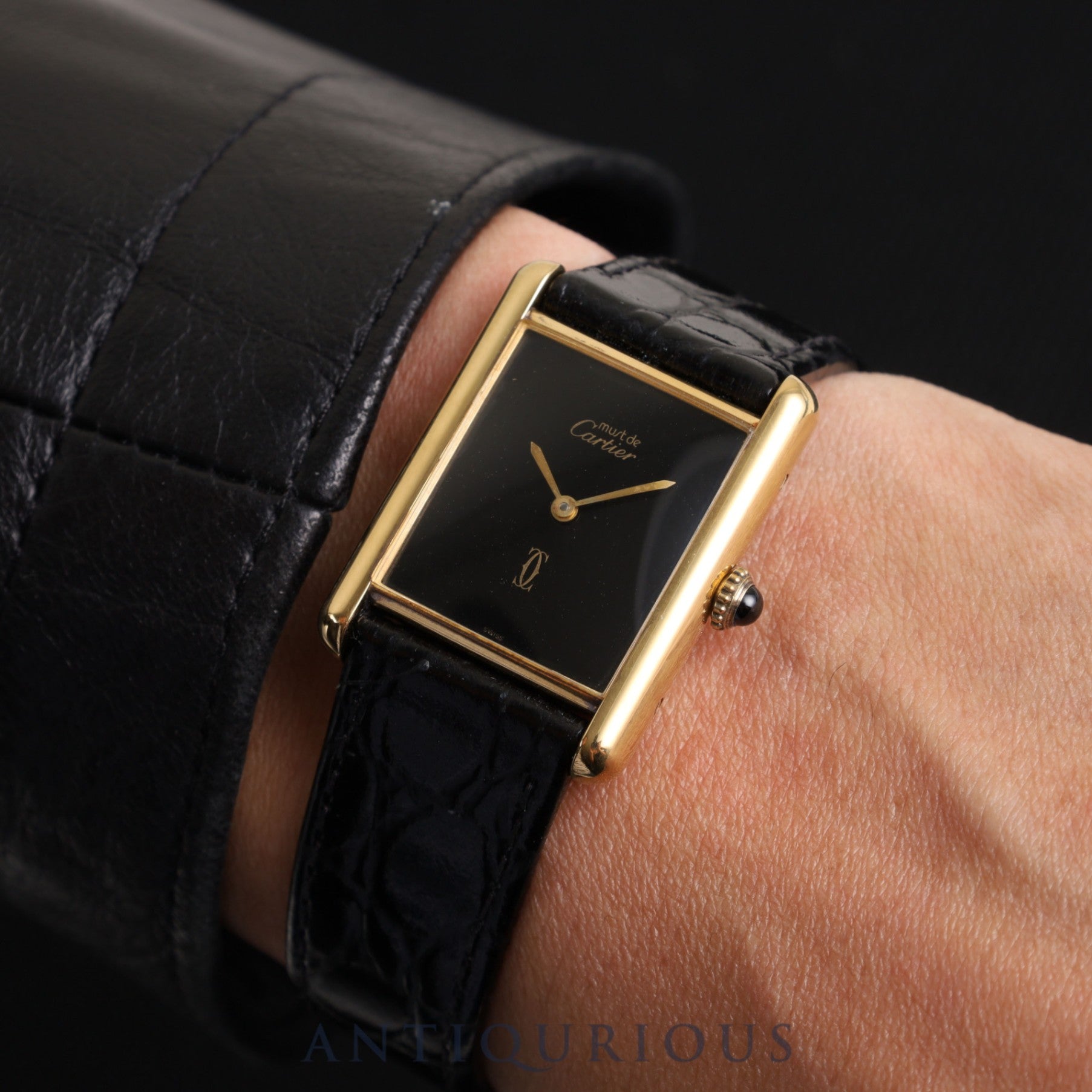 Cartier Must Tank LM Manual winding Cal.78-1 SV925 Leather Genuine buckle (GP) Onyx dial Overhauled