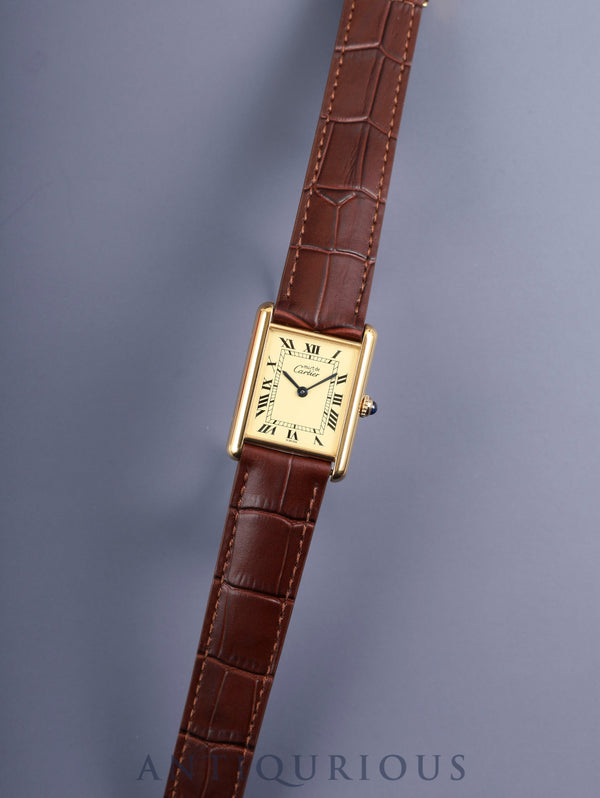 Cartier Must Tank LM W1002754 / 590005 Quartz Caliber 90 SV925 Leather Strap with Genuine D-buckle (GP) Ivory Roman Dial (SWISS Marking) Circa 1982-1995 Box Overhauled