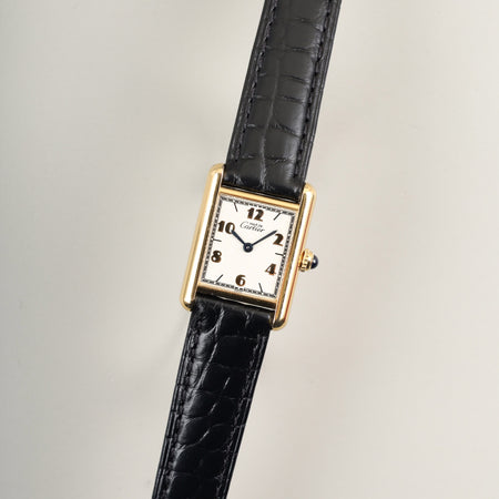 カルティエ マストタンク SM 5057001 クォーツ Cal.057  SV925 革  純正尾錠（GP）飛びアラビアCC文字盤（SWISS表記） オーバーホール済み