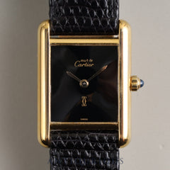 Cartier Must Tank SM QZ 3 66001 SV925 Leather Genuine Buckle (GP) Onyx Dial