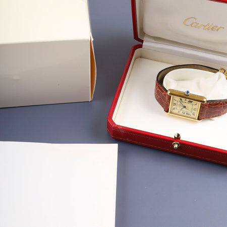 カルティエ マストタンク GM（XL） W1017454 / 2413 クォーツ Cal.687 SV925 革 純正Dバックル（GP）アイボリーローマン文字盤 （SWISS MADE表記） 箱 冊子 オーバーホール済み