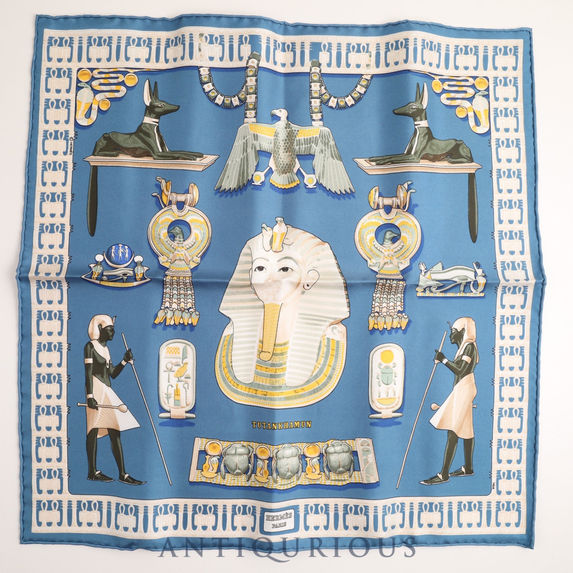 Hermes Scarf Carre 45 TUTANKHAMUN Silk Blue Box