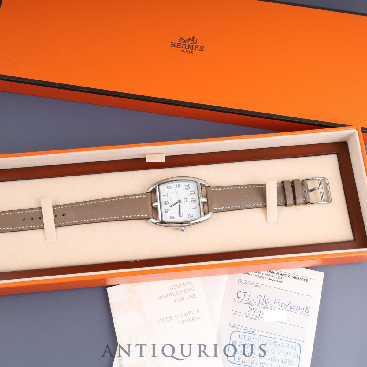 Hermès Cape Cod Tonneau CT1.710 Quartz Movement, Stainless Steel, Genuine Leather Strap (Stamped N: 2010), Genuine Pin Buckle (SS), White Dial, Box, Warranty Card (2010), Overhauled