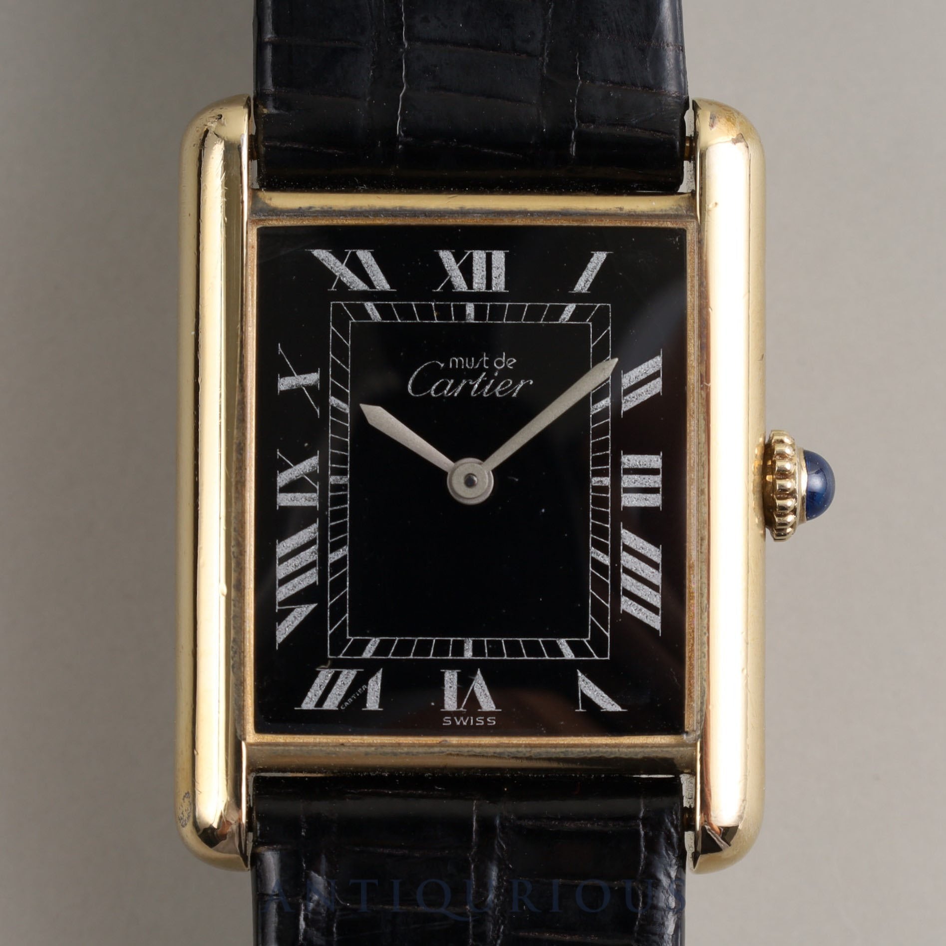 CARTIER カルティエ マストタンク LM 手巻き 19749 o/w Cal.78-1 SV925 革 純正尾錠（GP）ブラックローマン文字盤 箱 保証書（1980年）