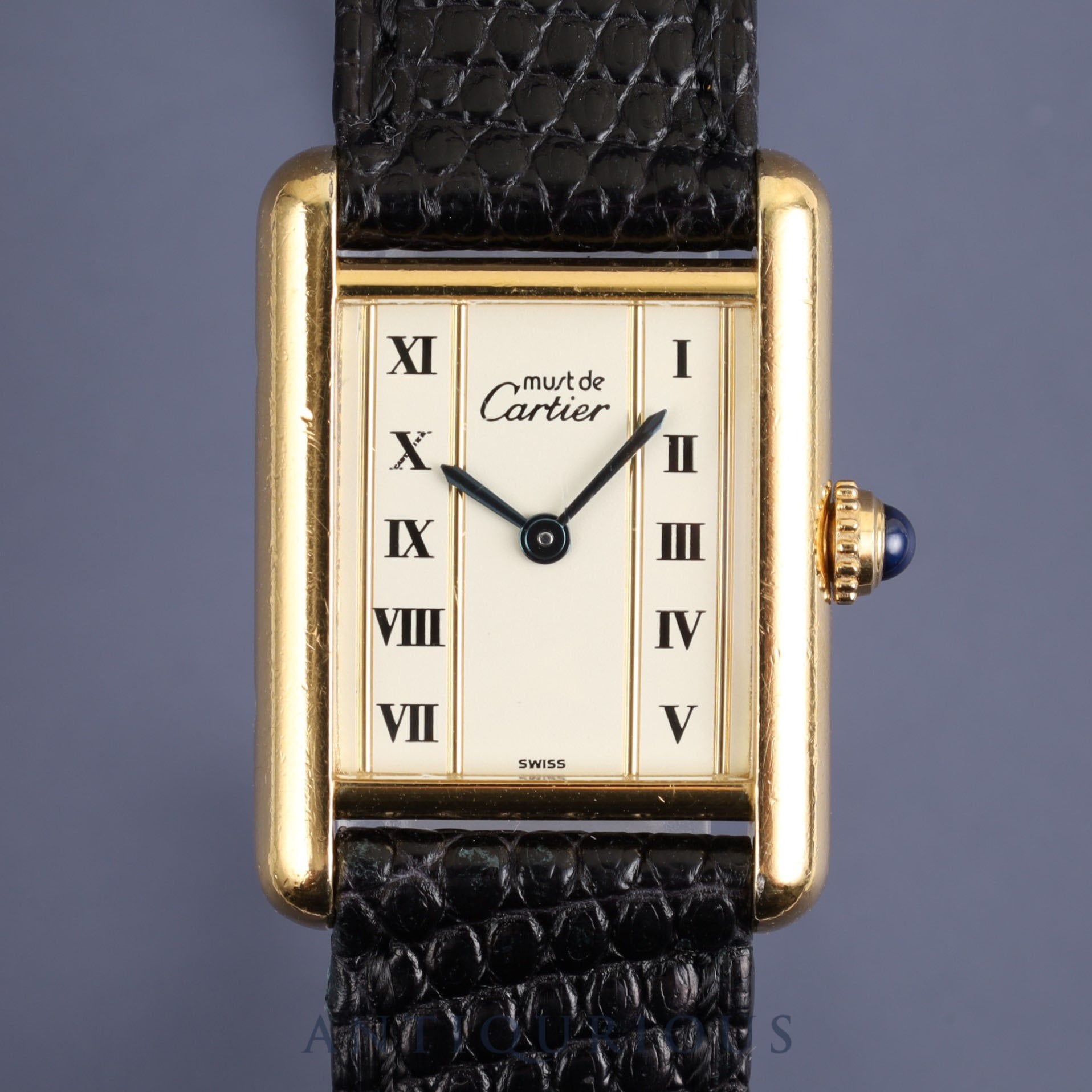 Cartier Must Tank SM 5057001 Quartz Cal.057 SV925 Leather Genuine Buckle (GP) Straight Roman Dial Overhauled