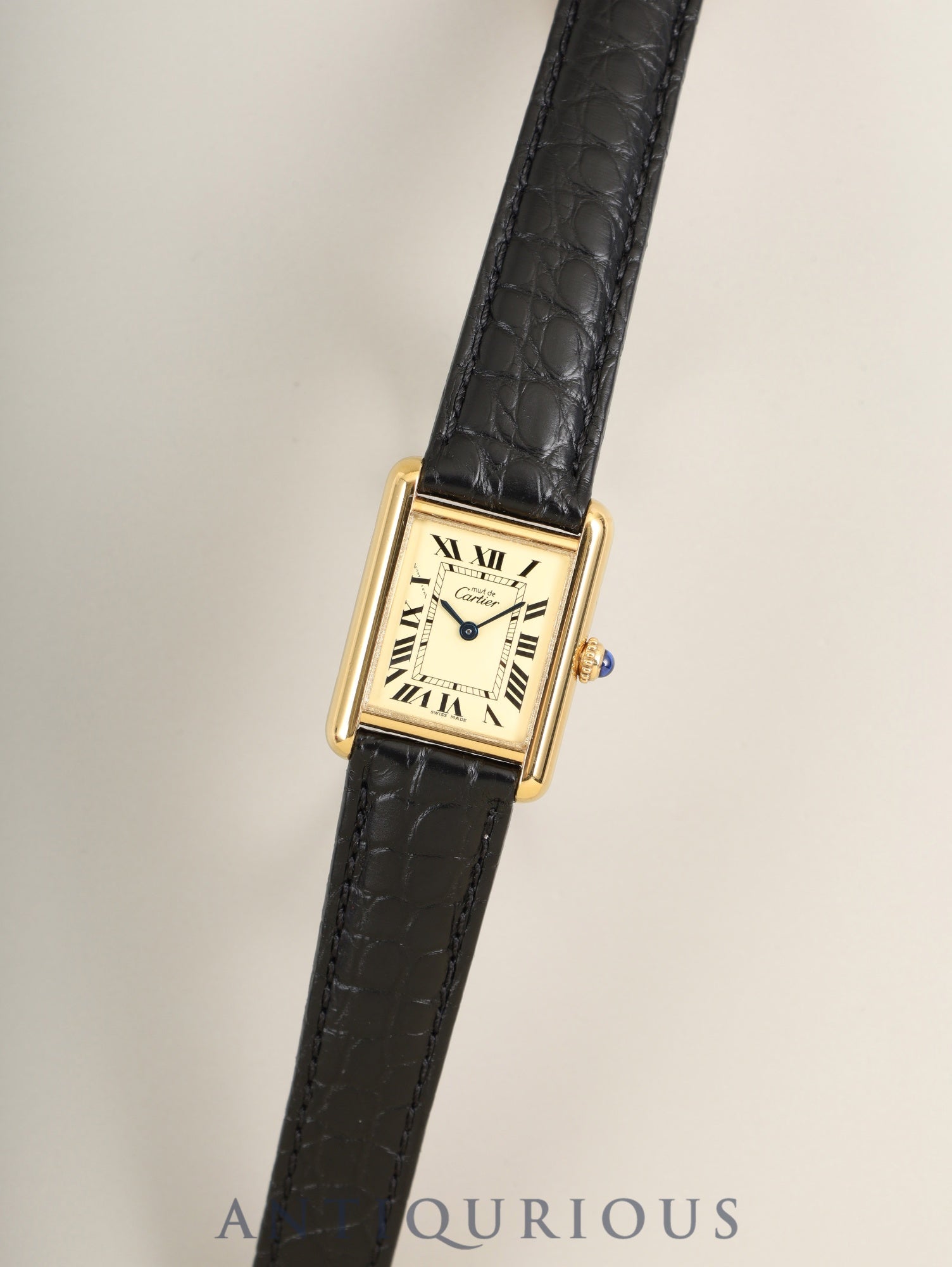 Cartier Must Tank MM 2415 Quartz Caliber 057 SV925 Leather Watch with Genuine D-buckle (GP) Ivory Roman Dial (SWISS MADE Marking) Circa 1990-2004 Box Warranty Card Overhauled