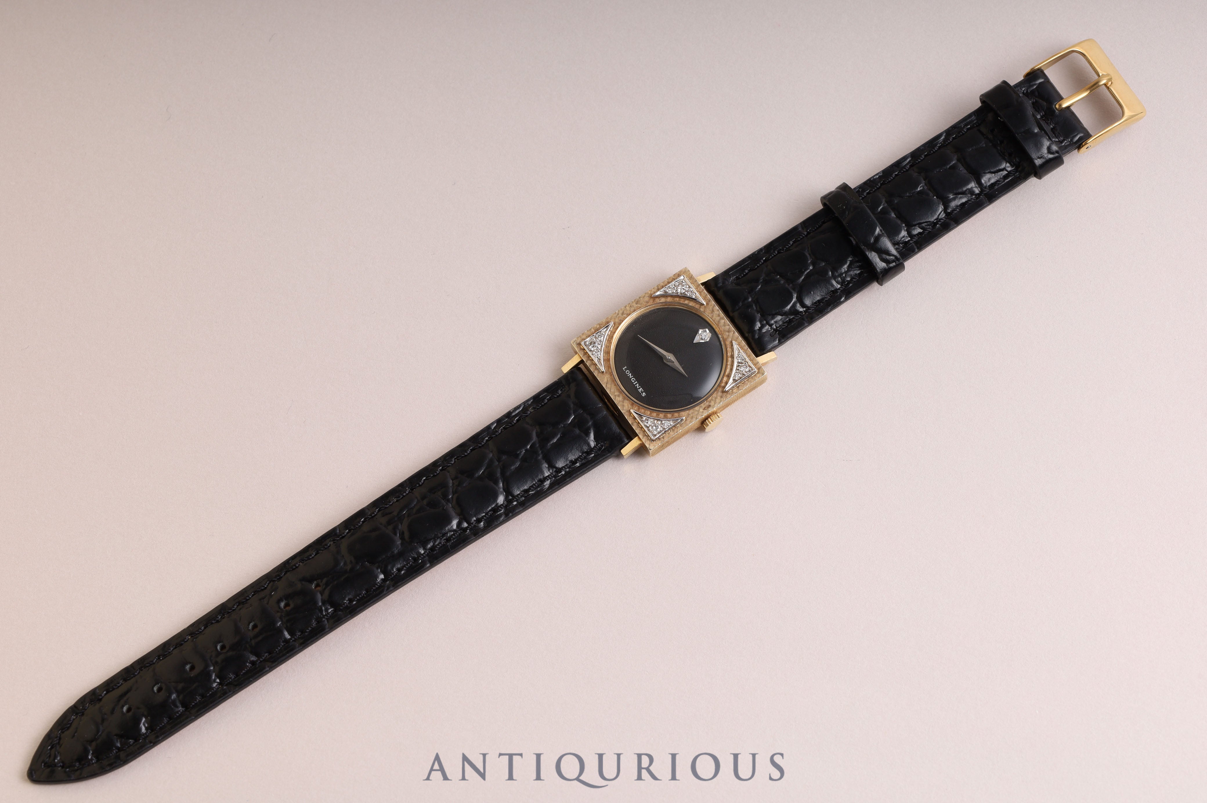 LONGINES Tuxedo Watch, Hand-wound, Cal.528, 14KT, Leather, Black Dial, 25.5 x 25.5mm, 1950s, Overhauled