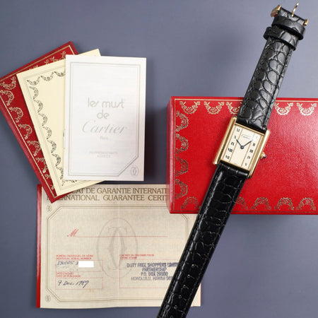 カルティエ マストタンク LM 590005 クォーツ Cal.90 SV925 革 純正ピンバックル（GP）ストレートローマン文字盤（SWISS表記） 箱 冊子 カード 保証書（1989年）オーバーホール済み