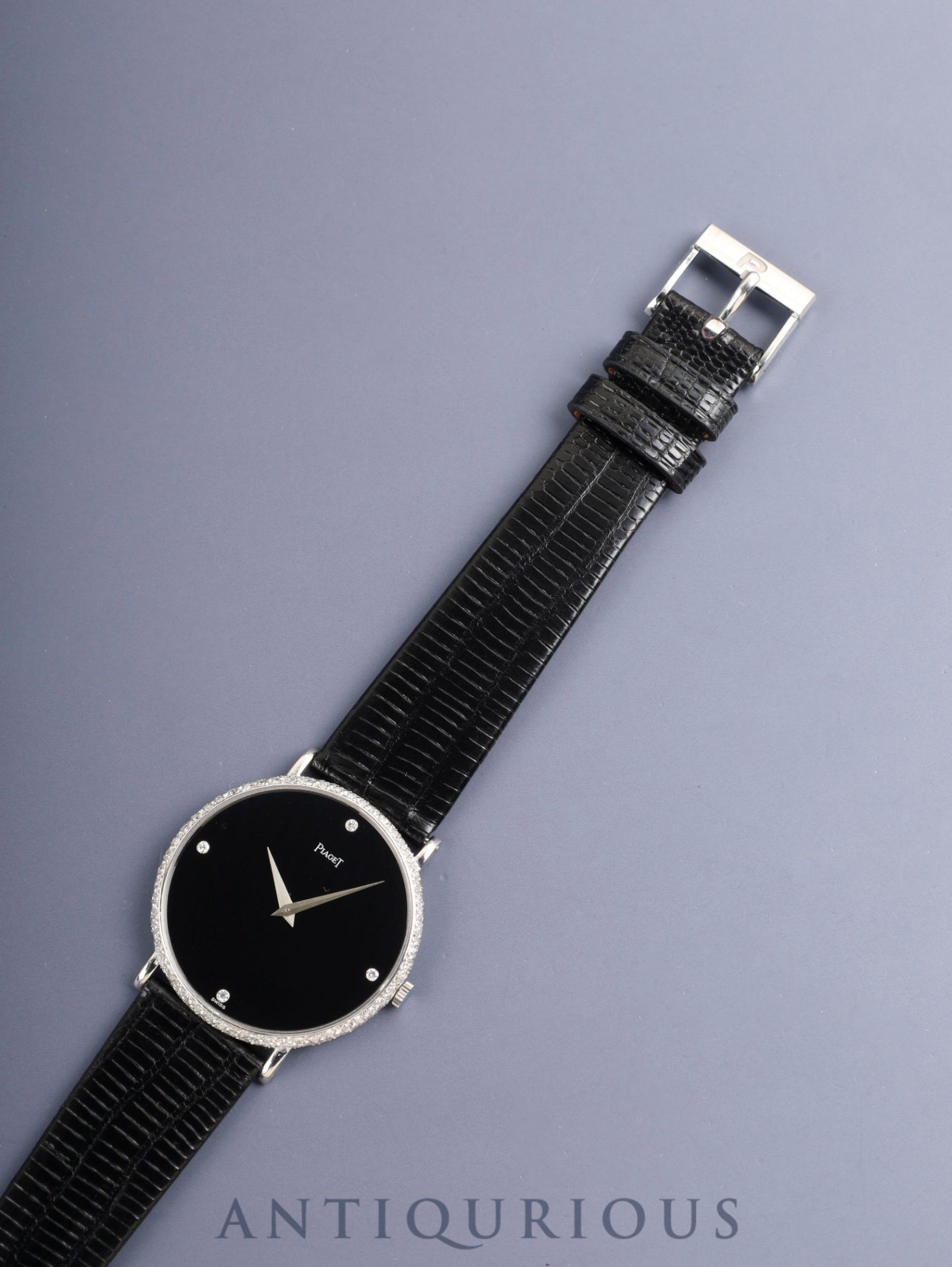 Piaget Round 9037 Manual Winding Cal.9P2 750WG Leather Original Pin Buckle (750WG) Black / Diamond Dial Box Original Leather Strap Overhauled