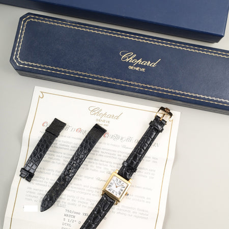 ショパール クラシック スクエア 12/7366  クォーツ Cal.976.001 750YG 革 純正尾錠（GP） ホワイトローマン文字盤 箱 冊子 保証書（2001年）純正ベルト オーバーホール済み