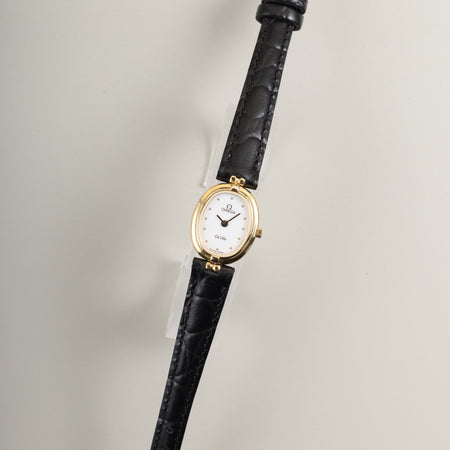 オメガ デ・ヴィル 595.0069 クォーツ Cal.1450 SS/GP 革 純正尾錠（GP）ホワイト文字盤 オーバーホール済み