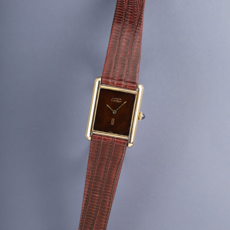 カルティエ マストタンク LM 手巻き Cal.78-1 SV925 革 純正ピンバックル（GP）マホガニー文字盤（SWISS表記） オーバーホール済み ※ケース裏彫り有り