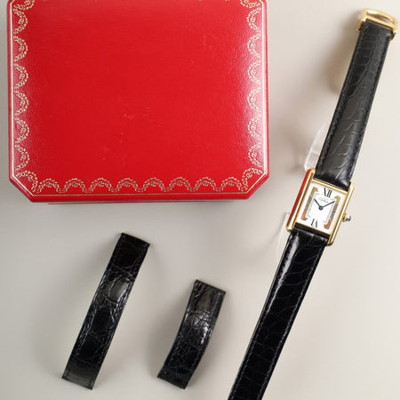 カルティエ マストタンク SM 1613 クォーツ Cal.057 SV925 革 純正Dバックル（GP） サイドトリニティ文字盤（SWISS表記）1982年頃～1995年頃 箱 純正革ベルト オーバーホール済み