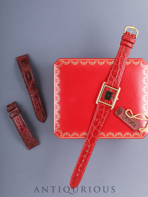 Cartier Must Tank LM 6 81006 Quartz Cal.81 SV925 Leather Original Pin Buckle (GP) Garnet Cloisonné Dial (SWISS marking) Box Tag Overhauled