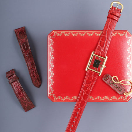 カルティエ マストタンク LM 6 81006 クォーツ Cal.81 SV925 革 純正ピンバックル（GP）ガーネットクロワゾネ文字盤（SWISS表記）箱 タグ オーバーホール済み