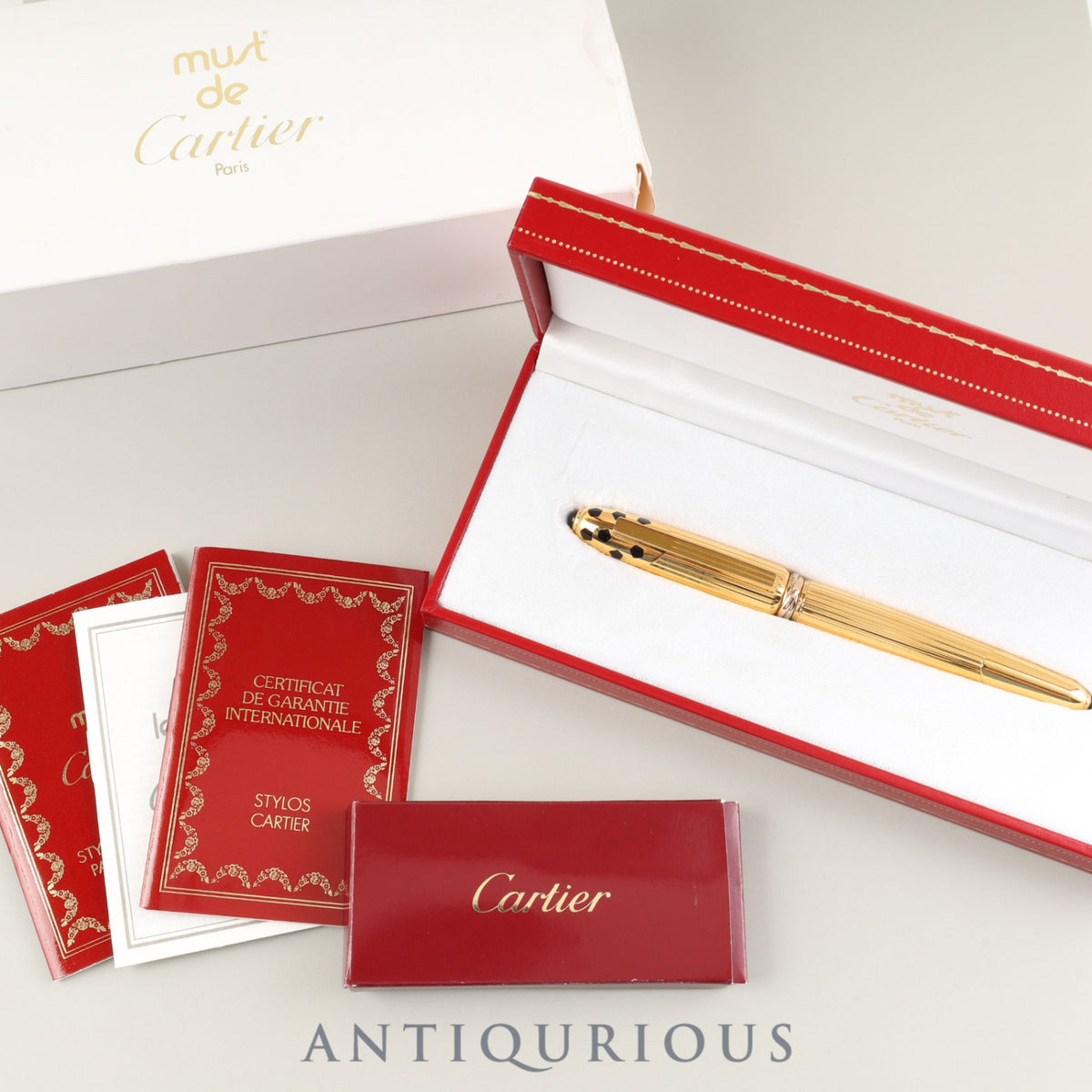 Cartier Panthère Trinity GP Fountain Pen, 18K Nib, Cartier Box, Warranty Card (1995), Unused Genuine Ink Cartridges