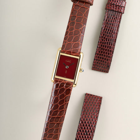 カルティエ マストタンク SM 366001 クォーツ SV925 革 純正ピンバックル（GP）ガーネットダイアル・ボルドー文字盤（SWISS表記）カルティエブティックにてコンプリートサービス（フルメンテナンス）済み
