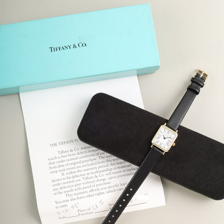 ティファニ レクタンギュラー 60-217 クォーツ Cal.976.001 14KYG 革 純正尾錠（GP） ホワイト文字盤 保証書（1995年） 箱 ケース オーバーホール済み