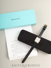 Tiffany Rectangular 60-217 Quartz Cal.976.001 14KYG Leather Genuine Pin Buckle (GP) White Dial Warranty Card (1995) Box Case Overhauled