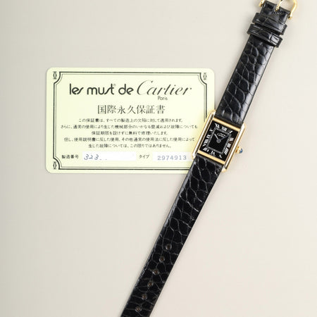 カルティエ マストタンク SM 手巻き SV925 革 純正ピンバックル（GP） ブラックローマン文字盤（SWISS MADE表記）国際永久保証書（1984年） オーバーホール済み