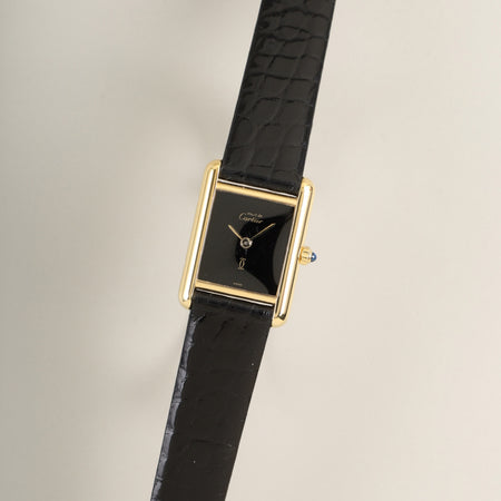 カルティエ マストタンク SM 3 66001クォーツ Cal.157 SV925 革 純正ピンバックル（GP）オニキス文字盤（SWISS表記）オーバーホール済み 新品仕上げ済み