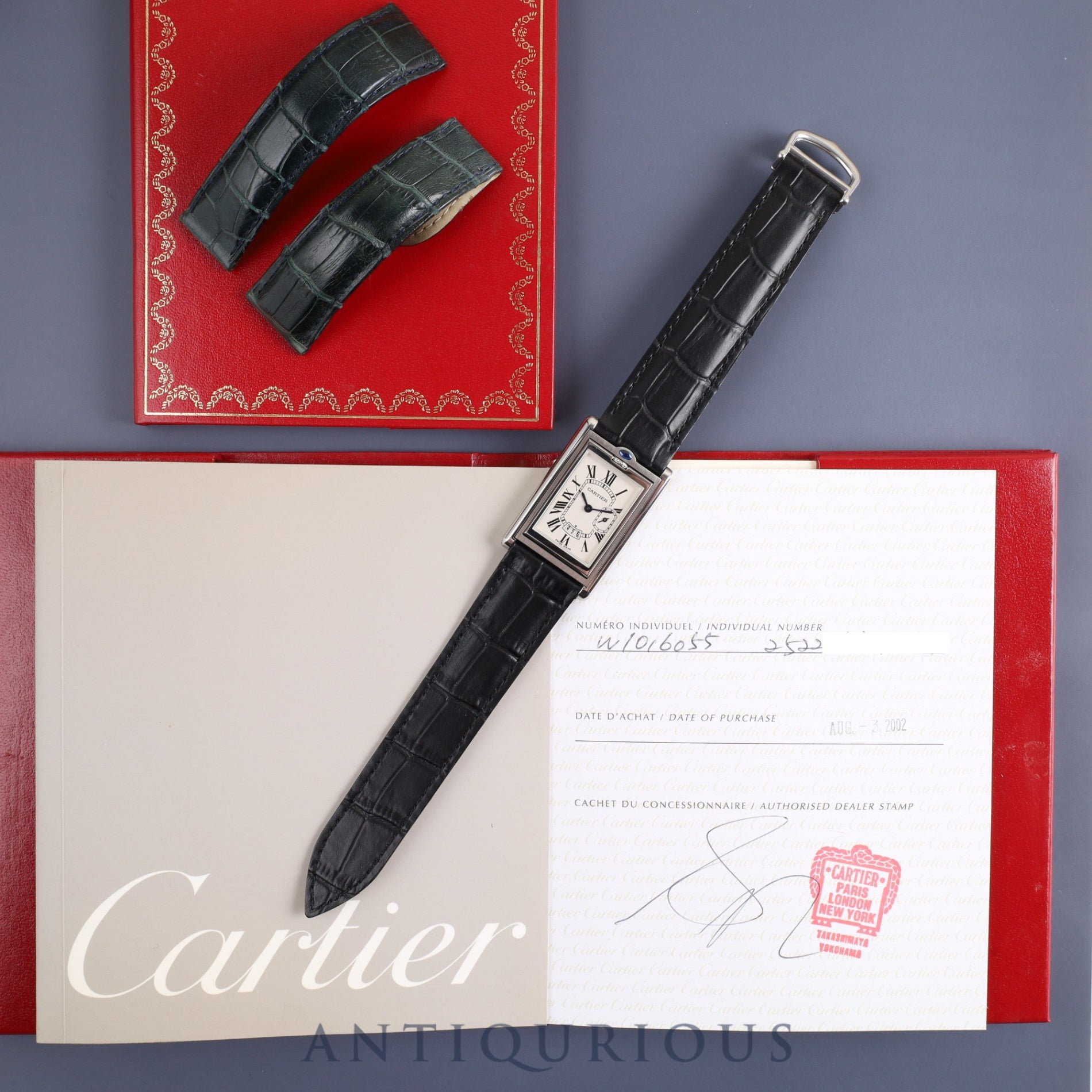 Cartier Tank Basculante LM W1016055 / 2522 Quartz SS Leather Genuine D-buckle (SS) White Roman dial Warranty (2002) booklet Completed Cartier boutique service *Case initials engraved on the back