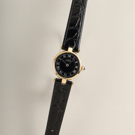 カルティエ マスト ヴァンドーム VLC SM 18 クォーツ Cal.690 SV925 革 純正ピンバックル（GP）ブラックローマン文字盤（SWISS表記）オーバーホール済み