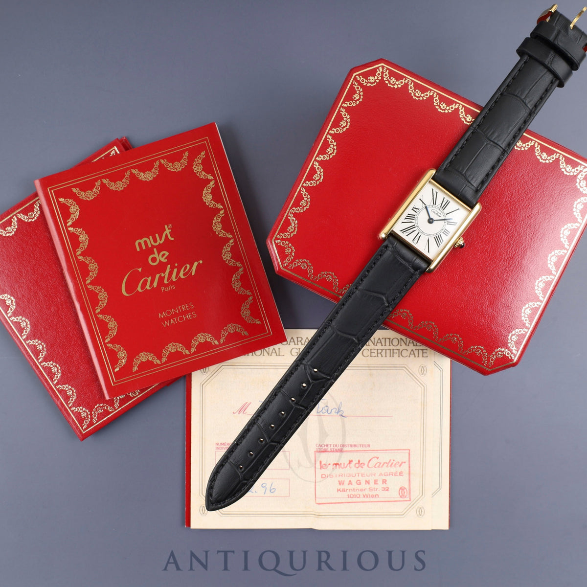 Cartier Must Tank LM W1005654/590005 Quartz Caliber 90 SV925 Leather Strap with Genuine GP Buckle, Opalescent Dial, Box, Booklet, Warranty Card (1996) Overhauled