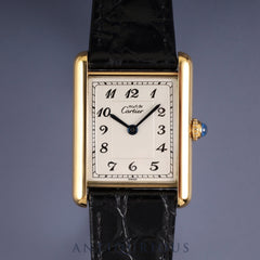 Cartier Must Tank LM 590005 Quartz SV925 Leather Strap with Genuine GP Buckle Arabic Dial Completely Serviced at a Cartier Boutique