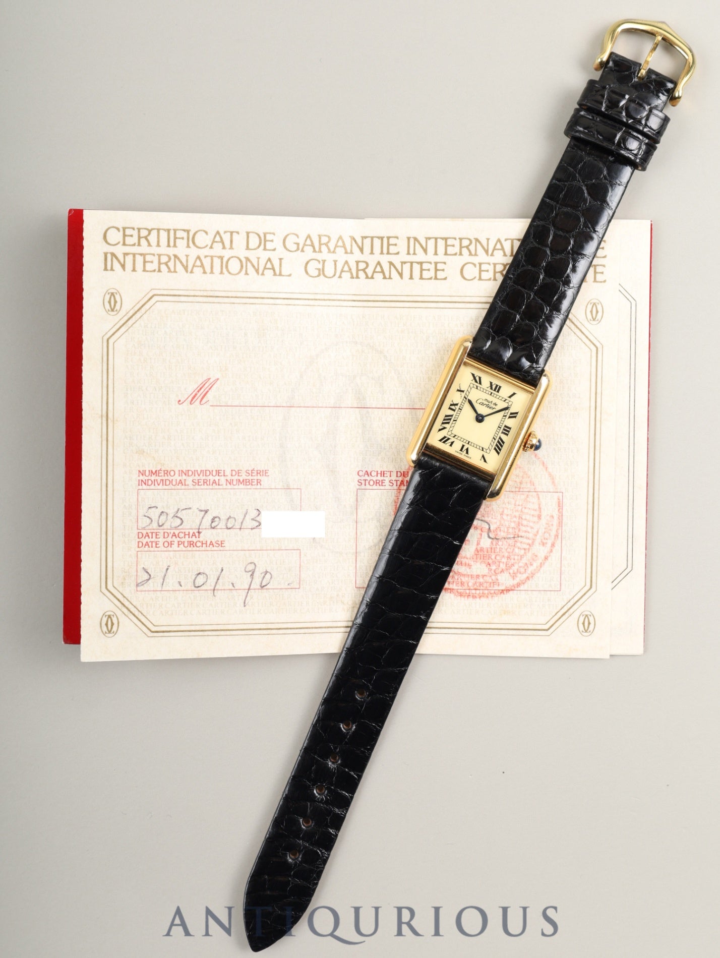 カルティエ マストタンク SM W1003153 / 5057001 クォーツ  SV925 革  純正ピンバックル（GP）アイボリーローマン文字盤（SWISS MADE表記）保証書（1990年） カルティエブティックにてコンプリートサービス（フルメンテナンス）済み