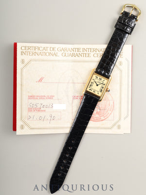 Cartier Must Tank SM W1003153 / 5057001 Quartz, SV925, leather strap, genuine pin buckle (GP), ivory Roman dial (SWISS MADE表記), warranty (1990). Complete service (full maintenance) completed at a Cartier boutique.