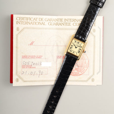 カルティエ マストタンク SM W1003153 / 5057001 クォーツ  SV925 革  純正ピンバックル（GP）アイボリーローマン文字盤（SWISS MADE表記）保証書（1990年） カルティエブティックにてコンプリートサービス（フルメンテナンス）済み