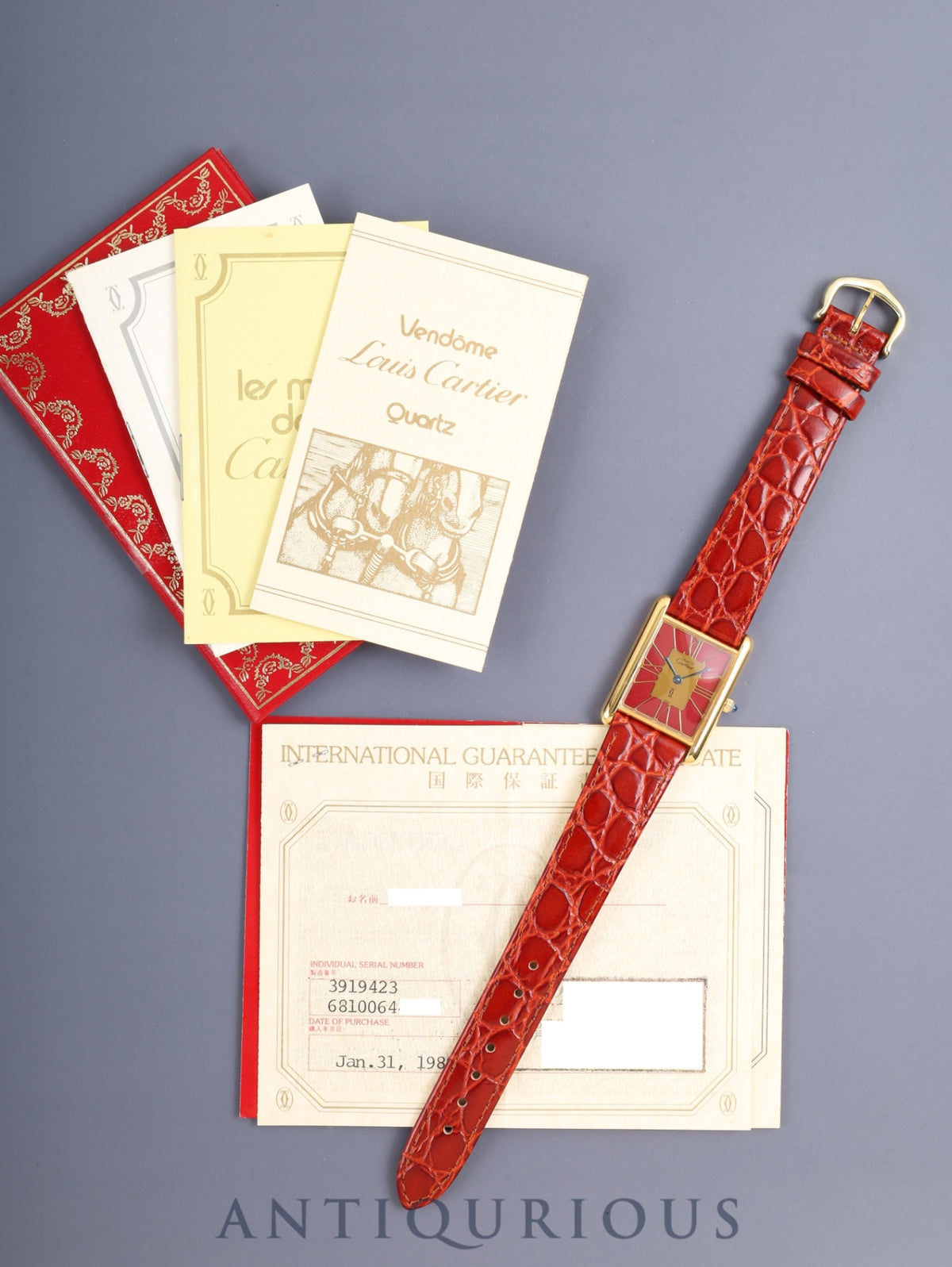 Cartier Must Tank LM 3919423 / 6 81006 Quartz Cal.81 SV925 Leather Genuine Pin Buckle (GP) Garnet Cloisonné Dial (SWISS) Warranty (1989) Booklet Overhauled Polished