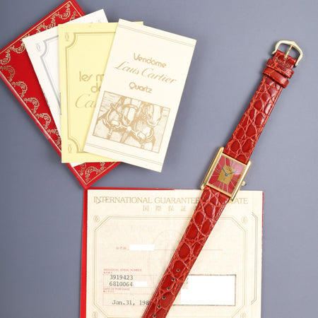 カルティエ マストタンク LM 3919423 / 6 81006 クォーツ Cal.81 SV925 革 純正ピンバックル（GP）ガーネットクロワゾネ文字盤（SWISS表記）保証書（1989年）冊子 オーバーホール済み 新品仕上げ済み