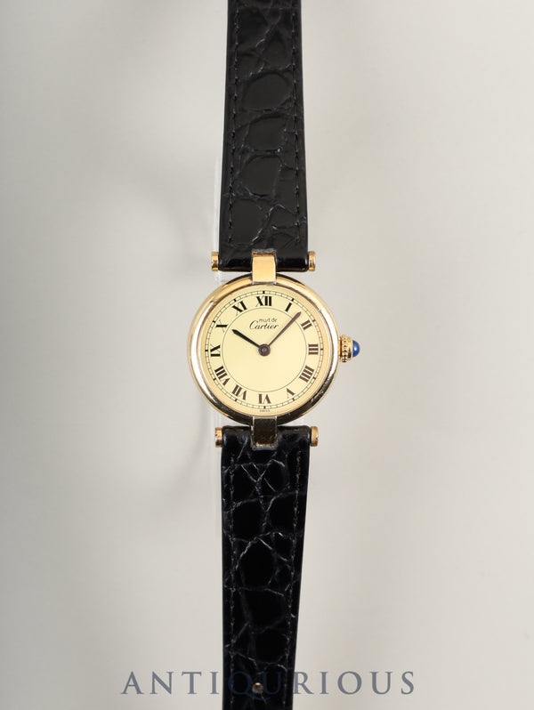 カルティエ マスト ヴァンドーム VLC SM 590004 クォーツ Cal.690 SV925 革 純正尾錠（GP）アイボリーローマン文字盤 オーバーホール済み